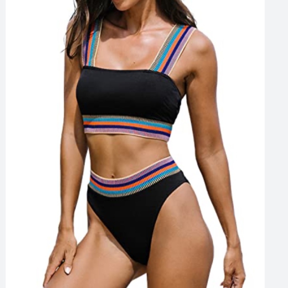 LIVE LIFE ON THE BEACH womens high cut high waist black ribbed bikini set NWT